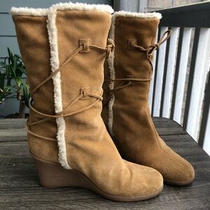 Kors Michael Kors Suede Shearling Boots Wedge Tan